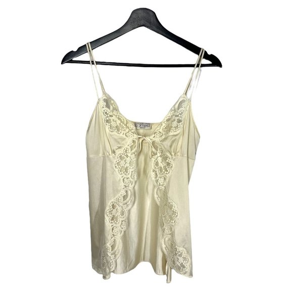 Vintage 90s Lily of France Champagne Lace Satin Front Tie Spaghetti Strap Neglig